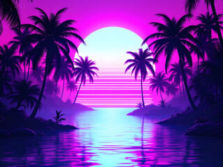 Obraz premium A vibrant neon sunset with palm trees, reflecting on water in a tropical paradise setting.