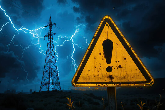 dramatic scene featuring a stormy night with power line tower and a warning sign