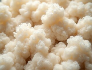 Close-up of soft, fluffy wool from sheep, beautifully arranged for display, emphasizing the quality and texture