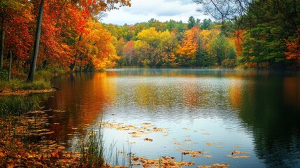 National Geographic A lake surrounded by trees with vibrant autumn foliage.