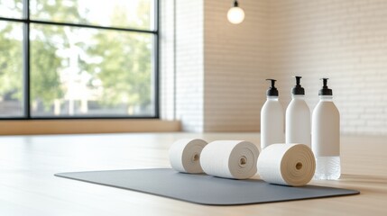 Yoga Studio interior with mat and bottles