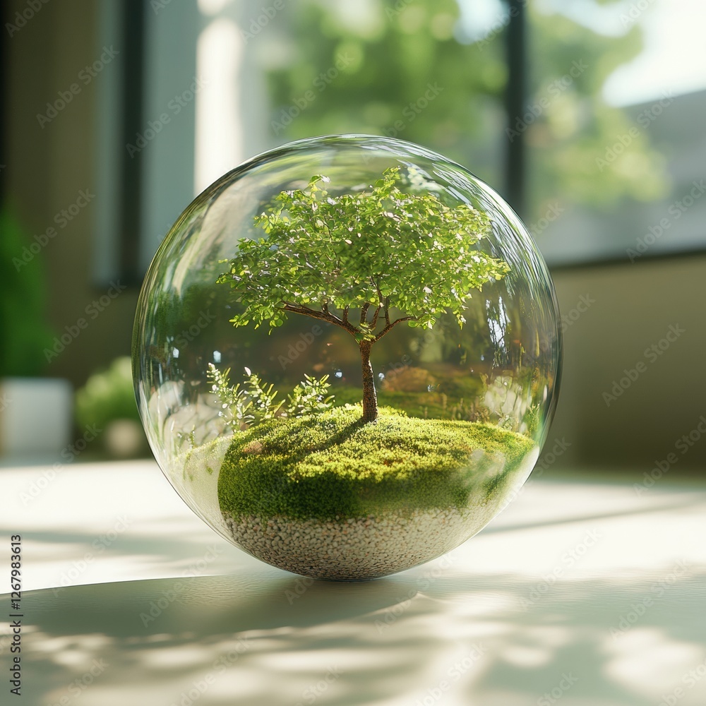 Poster small tree in a glass globe with detailed foliage placed on a table illuminated by natural light. ge