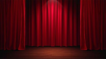 Full view of a rich red velvet theater curtain with soft folds, lit by luxurious lighting, creating a grand stage ambiance in a dark theater setting.