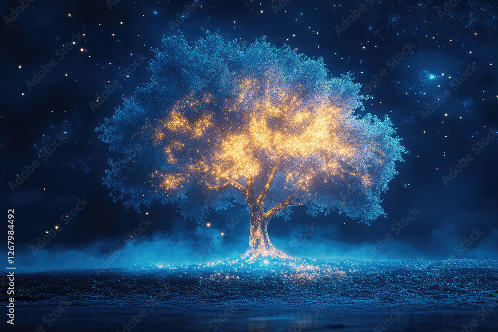Poster a luminous tree glows under a starlit sky, its branches radiating golden light, a magical scene of w