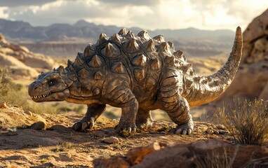 Fototapeta premium National Geographic Armored Ankylosaurus standing firm against a hungry predator, its clubbed tail raised defensively