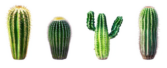 Tall green cactus plants in various sizes desert flora isolated transparent background
