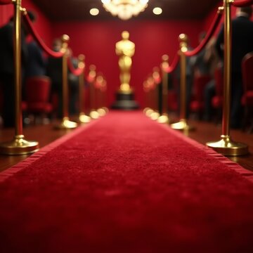 Close-up of the luxurious red velvet carpet with golden ropes, with a golden Oscar statue in the distance, dramatic lighting enhancing the scene.