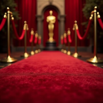 Close-up of the luxurious red velvet carpet with golden ropes, with a golden Oscar statue in the distance, dramatic lighting enhancing the scene.
