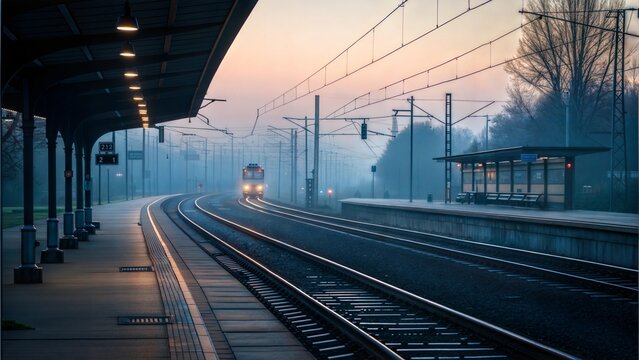 Foggy train station with arriving train at dawn, atmospheric and moody travel scene, copy space - Powered by Adobe