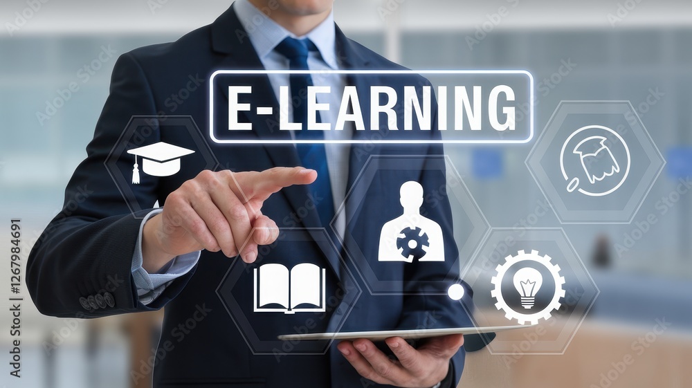 Poster businessman touching virtual screen displaying e learning icons concept
