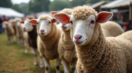 Obraz premium Sheep and wool display at a rural fair, showcasing various breeds and their luxurious wool