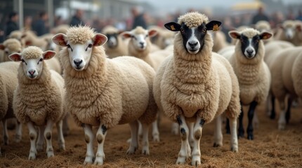 Obraz premium Sheep and wool display at a rural fair, showcasing various breeds and their luxurious wool
