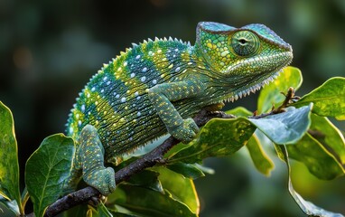 Obraz premium National Geographic Camouflaged Chameleon gripping a leafy branch, its skin shifting through vibrant shades of green and yellow