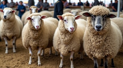 Obraz premium Sheep and wool display at a rural fair, showcasing various breeds and their luxurious wool