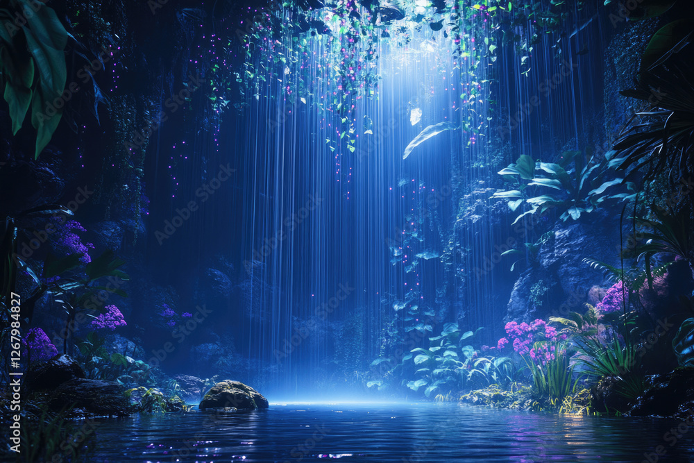 Poster enchanted waterfall cascading through a mystical, bioluminescent jungle, creating a serene, ethereal