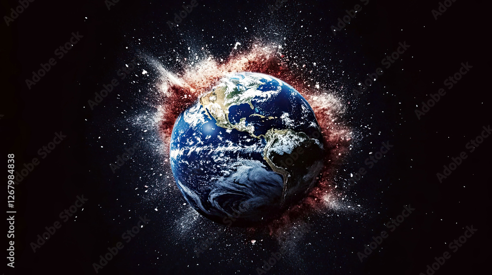 Poster Exploding Globe Earth Reveals Cosmic Chaos and a Dramatic Display of Universal Destruction