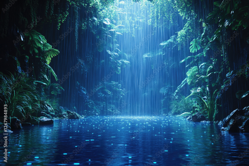 Aufkleber Serene rainforest scene with heavy rain falling into a calm blue river, creating a magical atmosphere.
