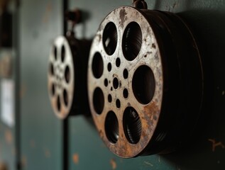 Vintage movie reel with a slightly worn metallic texture, hanging on a dark neutral background with soft lighting, creating a rustic, industrial, and historical feel.