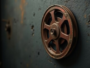 Obraz premium Vintage movie reel with a slightly worn metallic texture, hanging on a dark neutral background with soft lighting, creating a rustic, industrial, and historical feel.