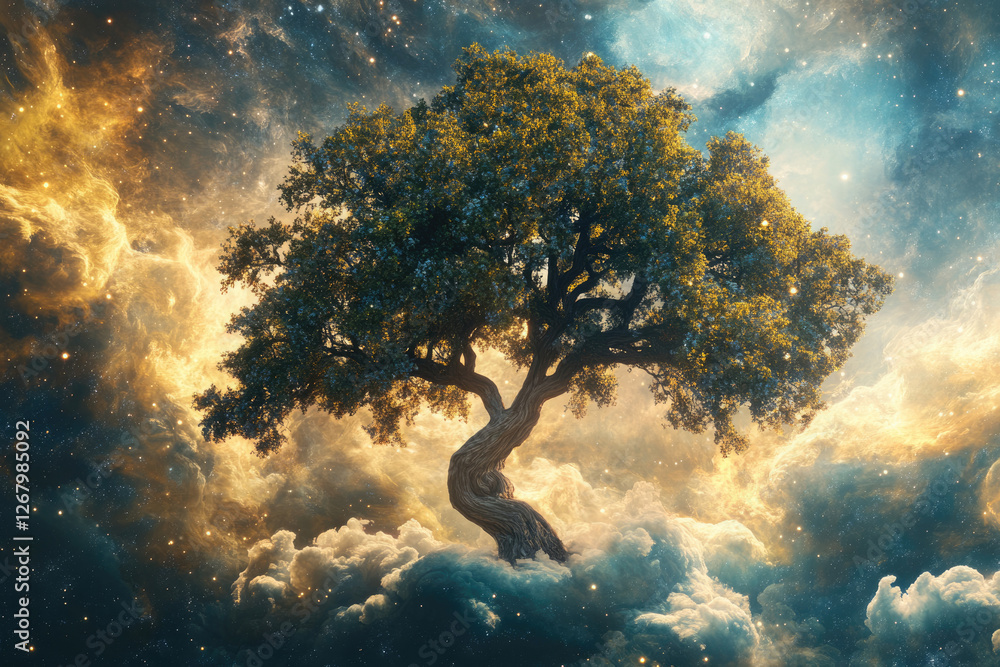 Poster a majestic tree stands amidst ethereal clouds and a starry expanse, creating a surreal and dreamlike