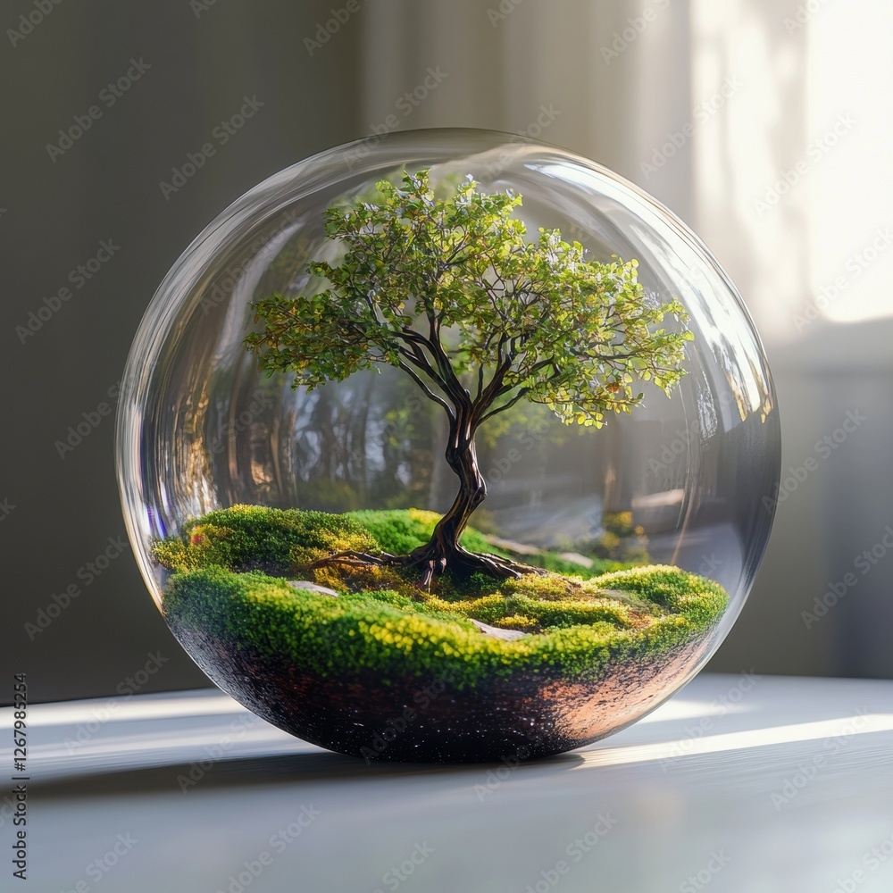 Poster a beautiful miniature tree in a glass globe with vibrant greenery and soft light creating a serene a