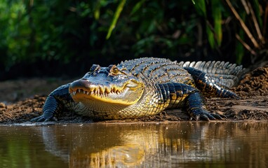 Obraz premium National Geographic Fierce Crocodile basking on a muddy riverbank, rough skin glistening in the tropical sun, sharp teeth barely visible beneath a sly grin