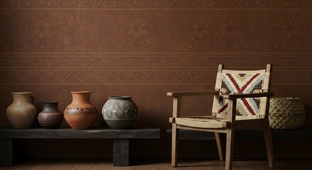 Still Life with Pottery Vessels and Woven Chair Against Patterned Wall