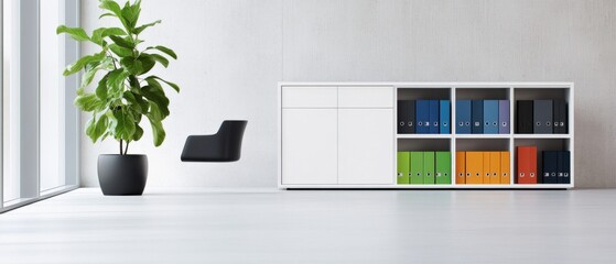 Modern office interior with filing cabinet and plant.