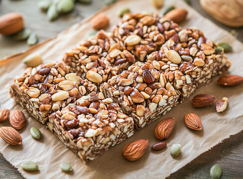 Nutritious snack bars made with assorted nuts and seeds on a rustic wooden table, perfect for a healthy treat any time of the day