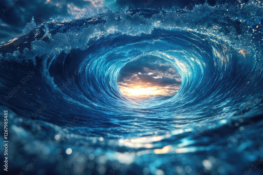 Poster a mesmerizing view inside a colossal ocean wave, revealing a breathtaking sunset through its curling