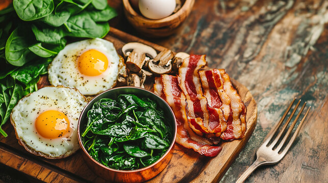 Delicious breakfast spread featuring eggs, bacon, spinach, and mushrooms on a rustic wooden board