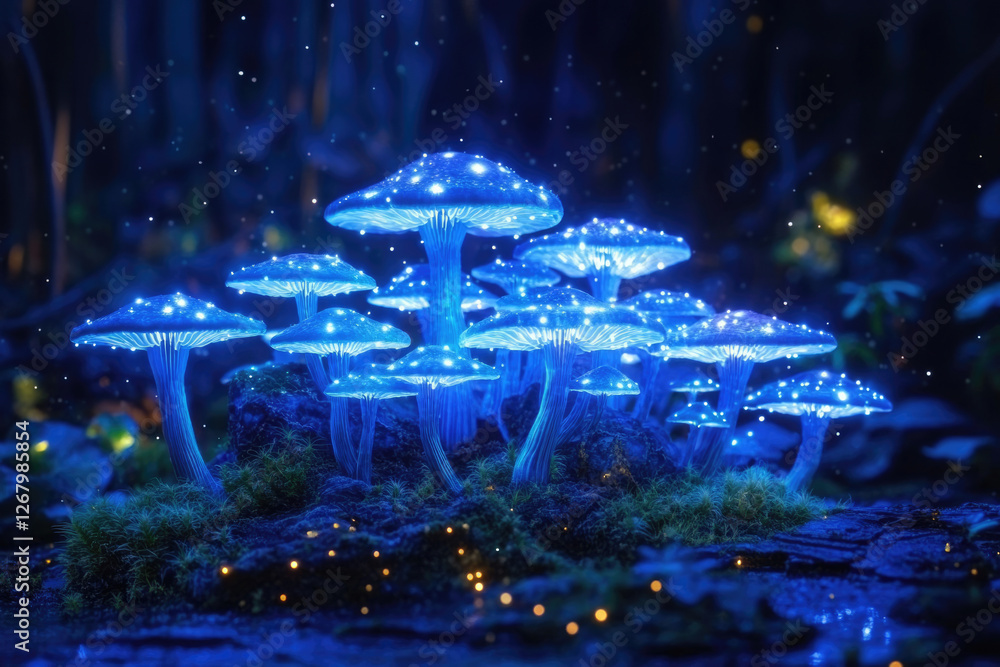 Poster glowing blue mushrooms illuminate a mystical forest at night, creating an enchanting scene.