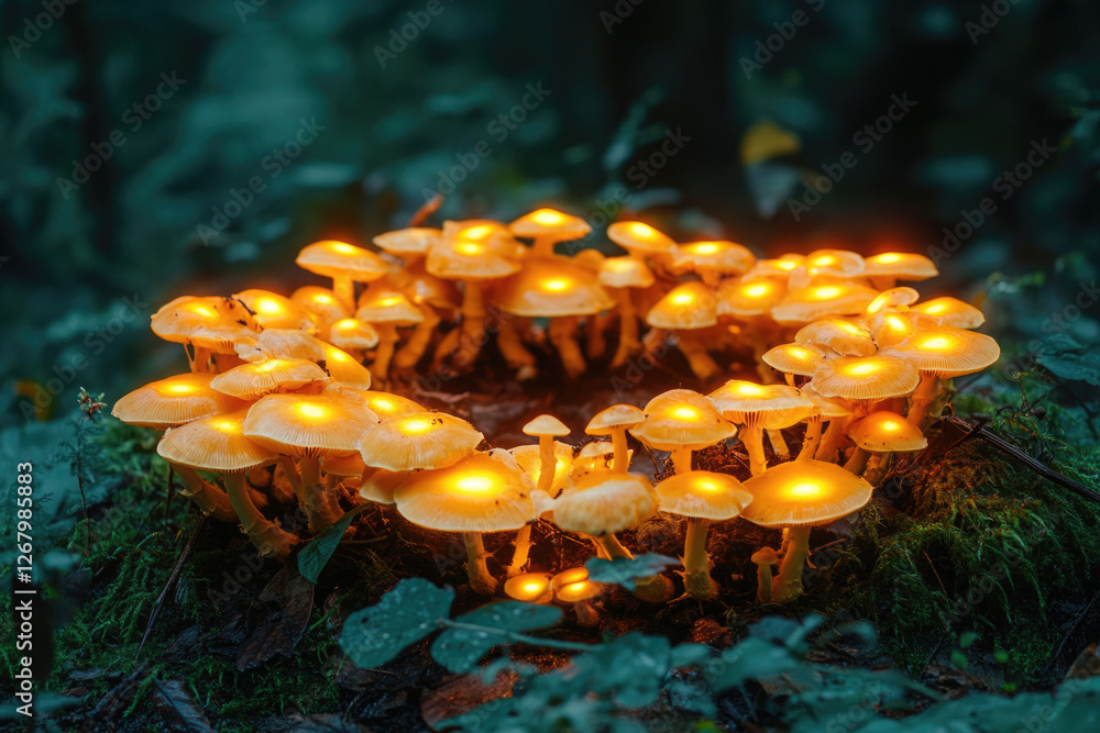 Poster glowing mushrooms form a magical ring in a dark forest, creating an enchanting scene.