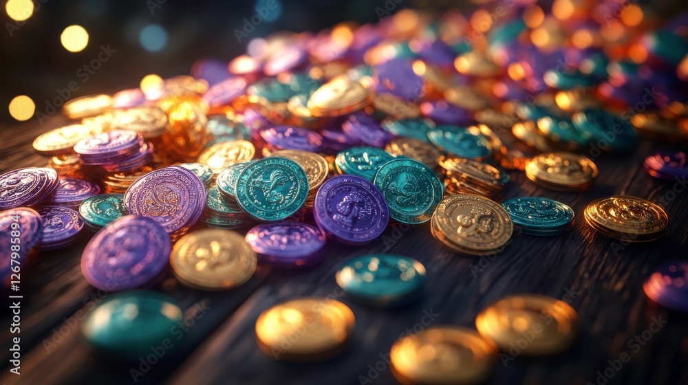 Poster a colorful scatter of shiny coins glimmers on a wooden surface, reflecting soft light, creating a fe