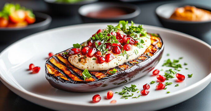Grilled eggplant topped with yogurt, pomegranate seeds, and parsley in a vibrant dining setting