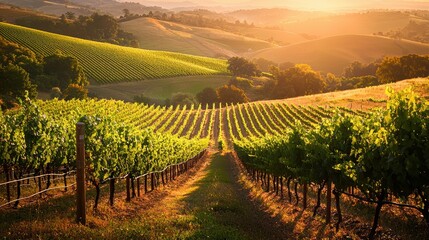 Fototapeta premium National Geographic Lush vineyard on rolling hills, bathed in golden evening sunlight.