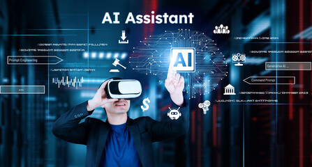 Businessman with headset standing at data center while using AI assistance. Project manager pointing hologram and using augmented reality goggles and AI chat for planning marketing plan. Ingenuity.