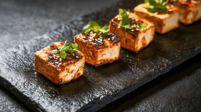 Grilled tofu cubes garnished with herbs and spices on a dark rectangular plate