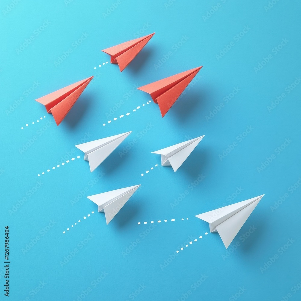 Poster group of paper planes flying in one direction with one plane pointing in a different way for innovat