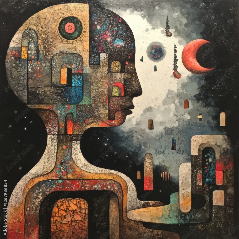 Poster artistic representation of a figure gazing into a surreal universe with cosmic elements and vibrant 