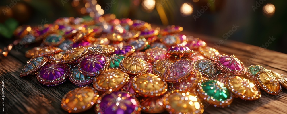 Poster a colorful array of sparkling gemstones and coins displayed on a wooden surface, creating a vibrant 