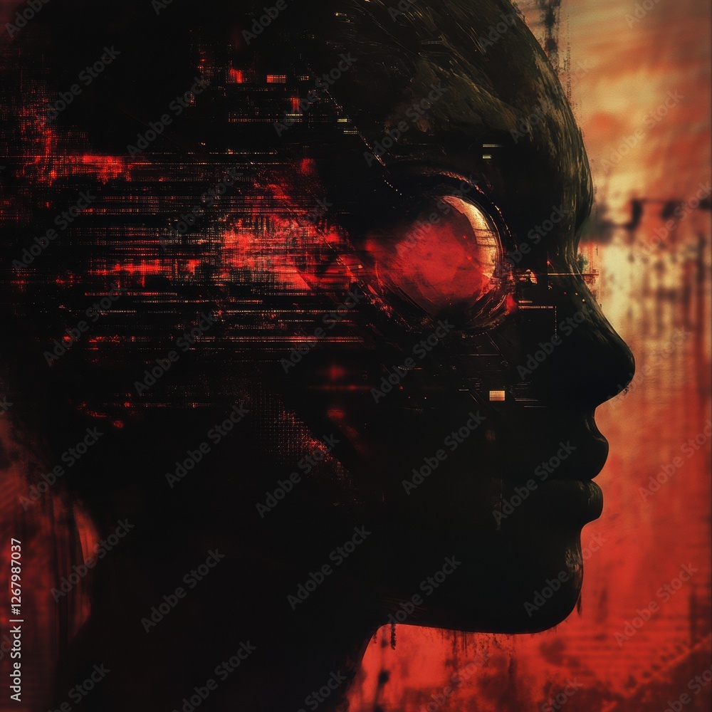 Aufkleber digital silhouette of a robotic figure with glowing red accents set against an abstract background a