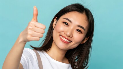 Smiling woman giving thumbs up against a light blue background