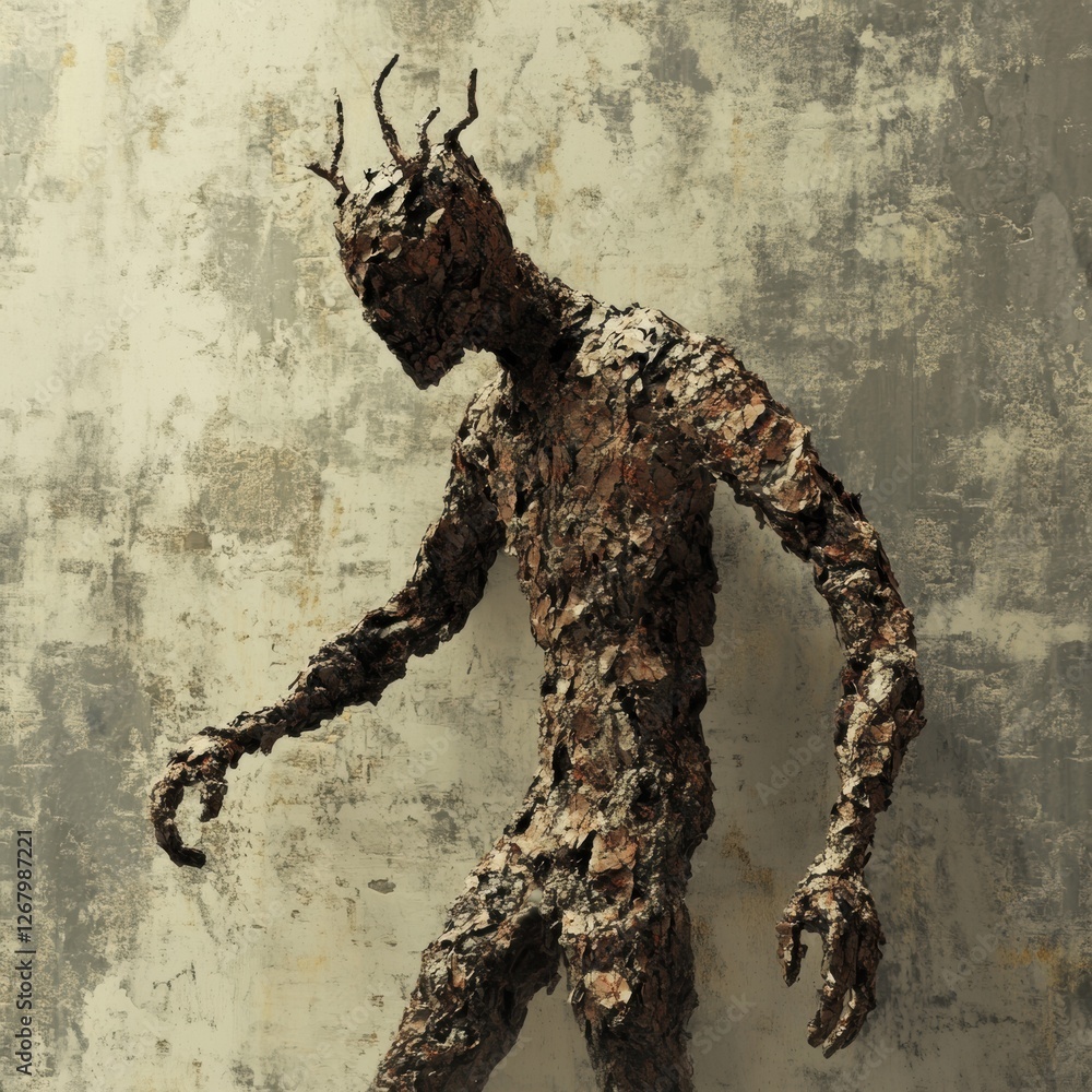 Poster artistic representation of a humanoid figure made of textured materials standing against a weathered