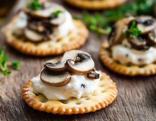 Delicious appetizer topped with creamy cheese and saut&eacute;ed mushrooms on a crispy cracker served at a casual gathering
