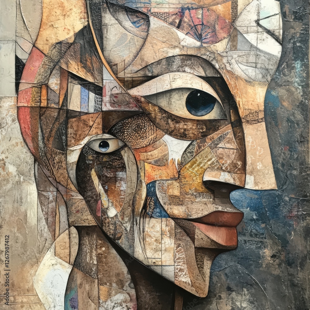 Poster unique abstract portrait combining geometric shapes and earthy tones in a captivating artistic expre