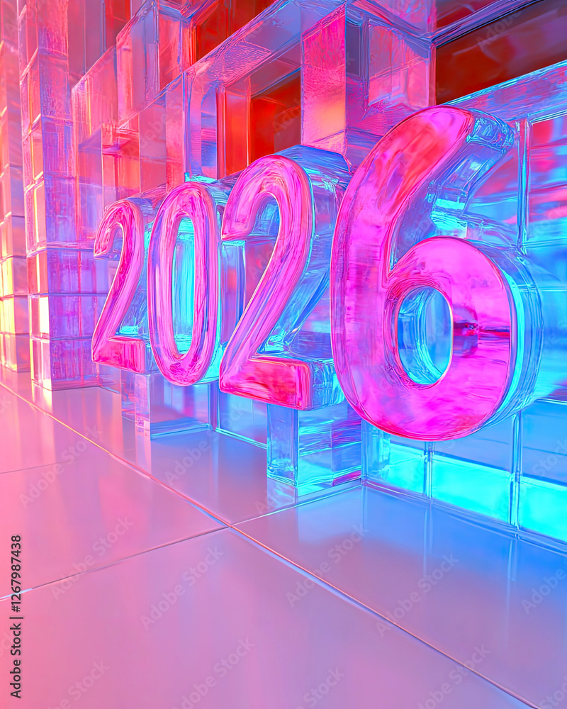 Poster large glass numbers creating a vibrant vision for the year 2026 in a dazzling backdrop