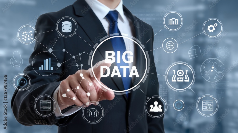 Aufkleber man interacts with big data interface in the business world