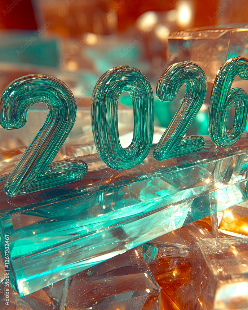 Poster capturing the essence of 2026 with enchanting glass numbers and a dreamy backdrop
