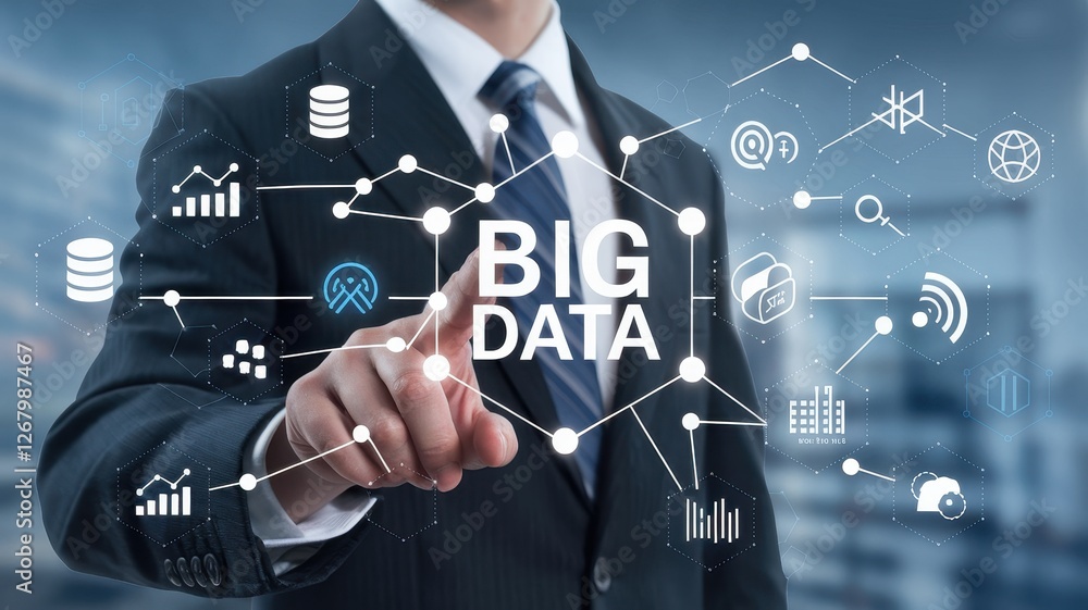 Poster businessman touching big data text with network of icons
